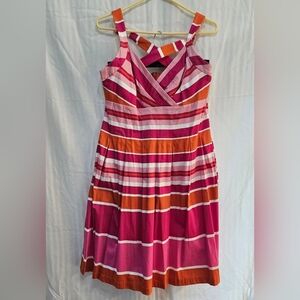 Dana Buchman Sundress-Pink Orange Stripe Pleated Flare Dress Cross Back -Size 12